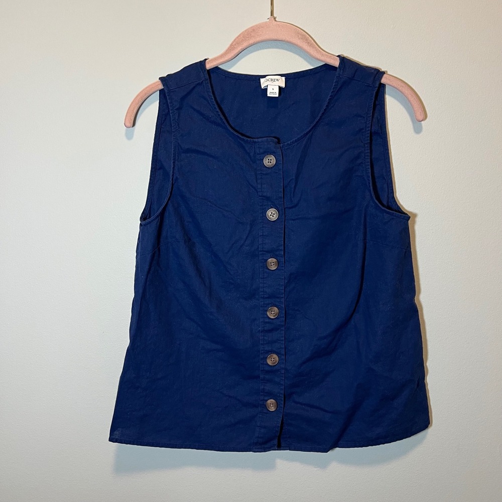 J. Crew Navy Blue Linen Cotton Blend Button Front Sleeveless Top Small